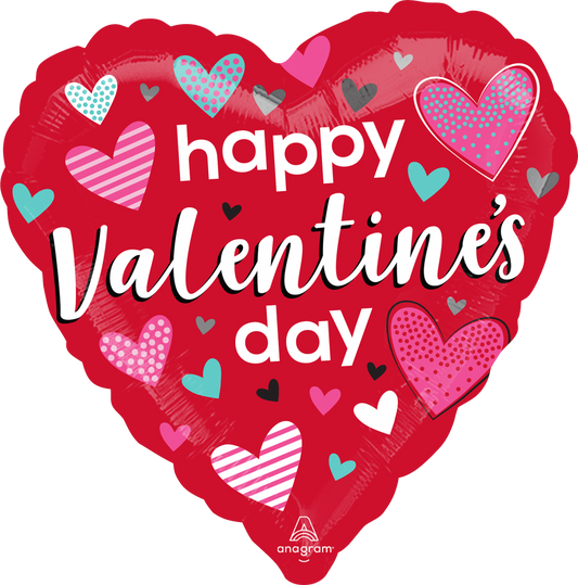 18" Happy Valentine's day Patterned Hearts Foil Balloon